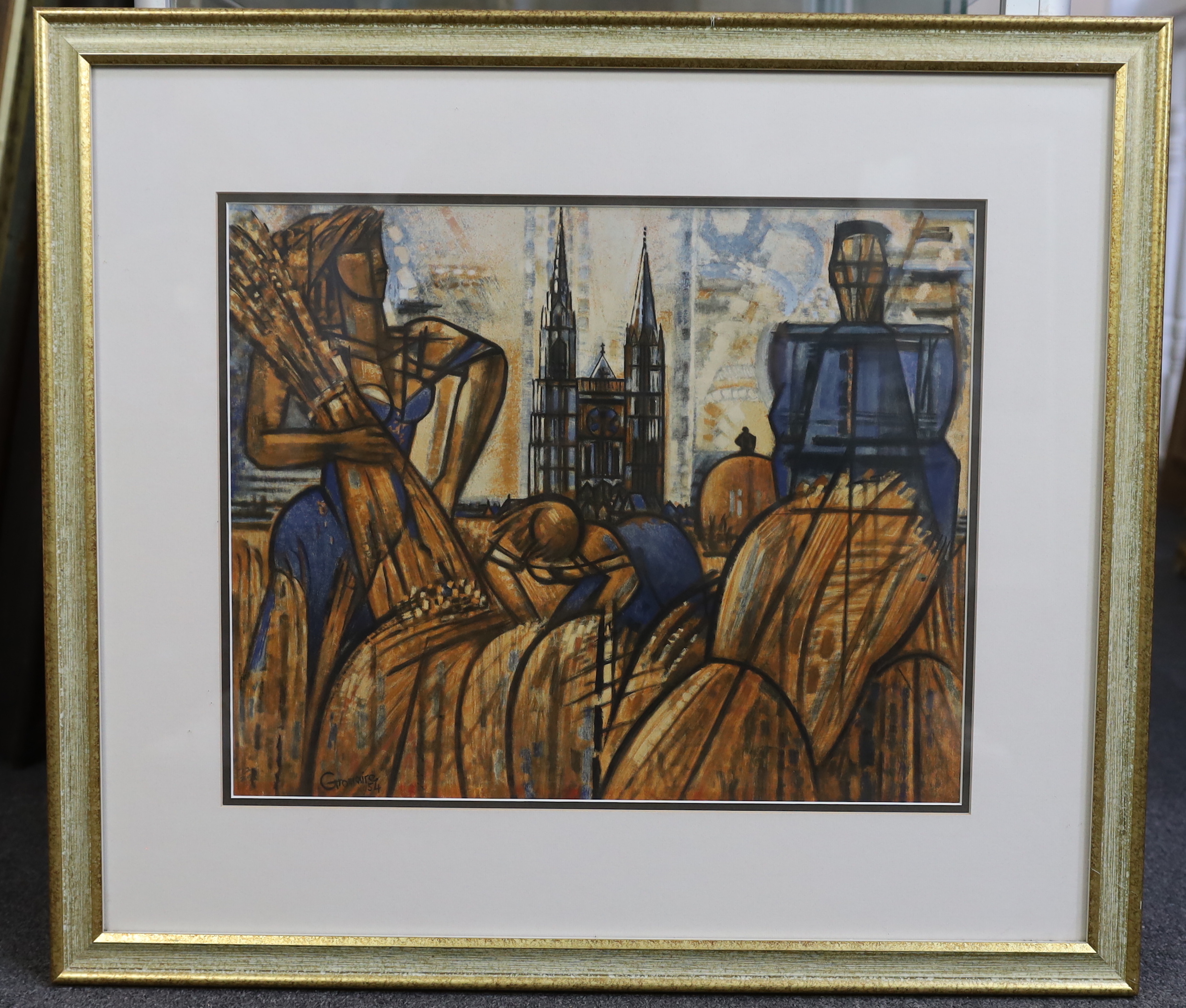 Marcel Gromaire (French, 1892-1971), limited edition print, numbered 73/200, Harvesters with a cathedral beyond mixed media signed and dated 1954, 38 x 47cm